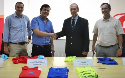 <p>(L-R) Javier Mantecon, LBC Express Inc. chief markering officer, Jerome Santos, LBC Express Inc. vice vice president -corporate sales, PHINSAF director Jose Ramon Garcia and PHINSAF president Michael Jeremy Rollin. <em>(Photo courtesy of LBC)</em></p>